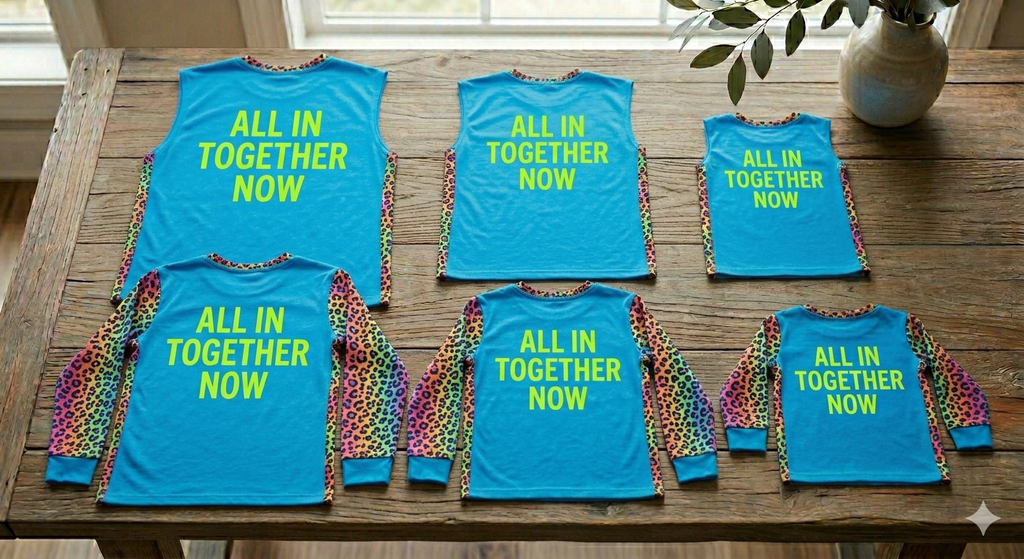 All in together,   long and short sleeve group event t shirts